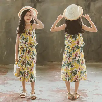 

2019 Korean style girls 2 pcs printed set vest+wide pants fashion summer girls suit 3-8t B467
