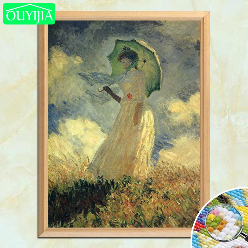 Claude Monet peinture diamant célèbre pour femme avec Parasol, face gauche  ", image de broderie 5D, perles carrées, bricolage même | AliExpress