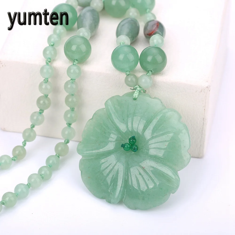 

Yumten Women's Jewelry Aventurine Jade Necklace Flowers Pendant Hand Carved Crystal Prom Accessories Soy Luna Linkin Park Gothic