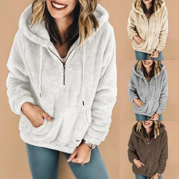 

Women Hooded Pullover Coat 2019 Warm Hairly Winter Women Hooded Coat And Pullovers With Zipper Casual Pocket Outwear