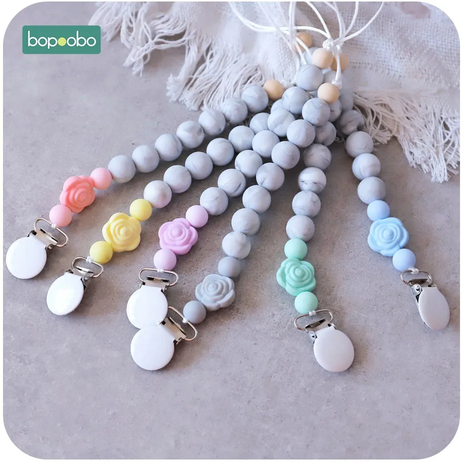 

Bopoobo 1PC Silicone Marble Teethers Rose Baby Pacifier Clips Chain Nipple Pacifier Chain Holder For Baby Shower Gifts BPA Free