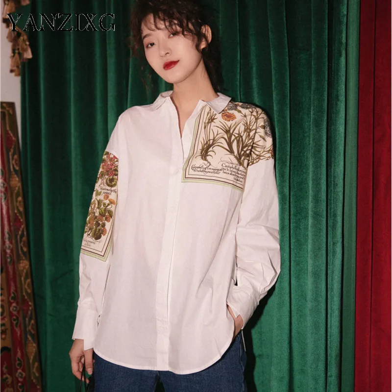 

2019 Spring Summer Clothes For Women Botany Atlas Printing White Shirt Loose Casual Design Long Sleeve Blouse W876