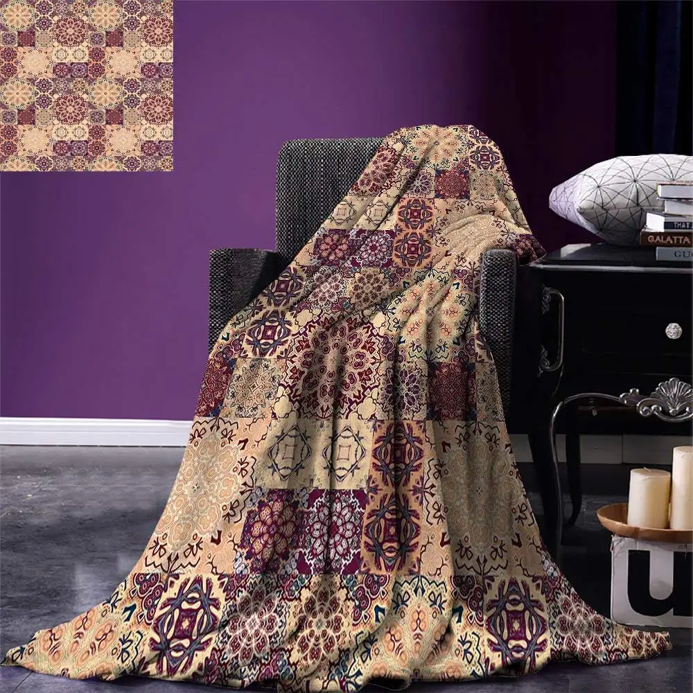 

Moroccan Throw Blanket Grid Style Ornate Ceramic Style Tile Orient Vintage Inspirations Fleece Blanket for Bed