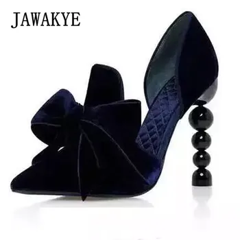 

JAWAKYE Pointy toe Pearl heel velvet single shoes Women Pumps butterfly-knotted high-heeled shoes Blue White Party Shoes woman