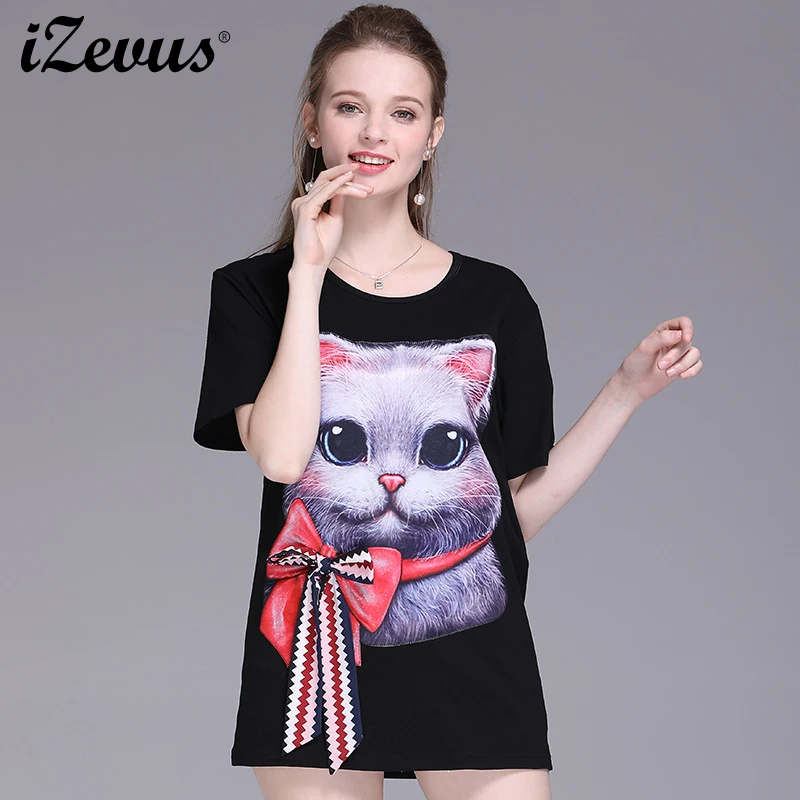 IZEVUS 2019 Новая женская футболка с принтом милого кота в европейском и американском