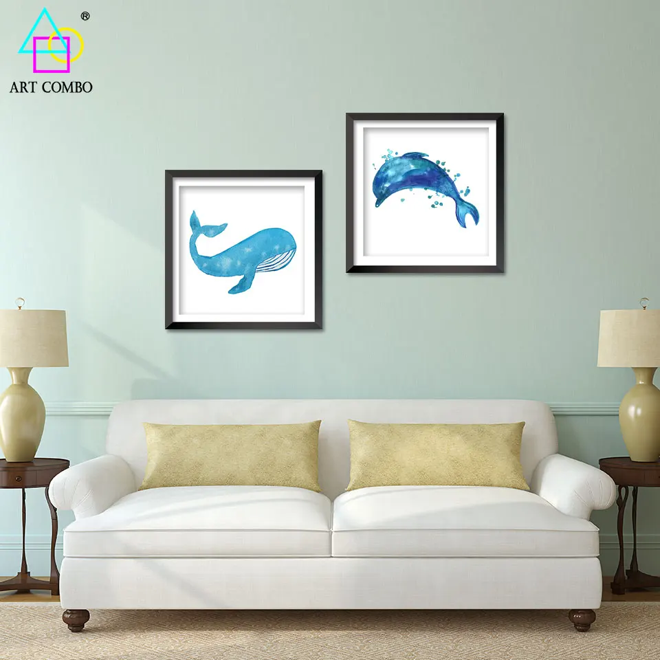 Modern Art Blue Whale dolphins Paintings On Canvas Wall Picture For Living Room Home Decor Nordic Posters Unique Gifts ET026 | Дом и сад