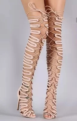 

Sexy Style Women Beige Color Peep Toe Hollow Out Sandals Boots Summer Fashion Lace Up Over The Knee High Thin Heel Shoes