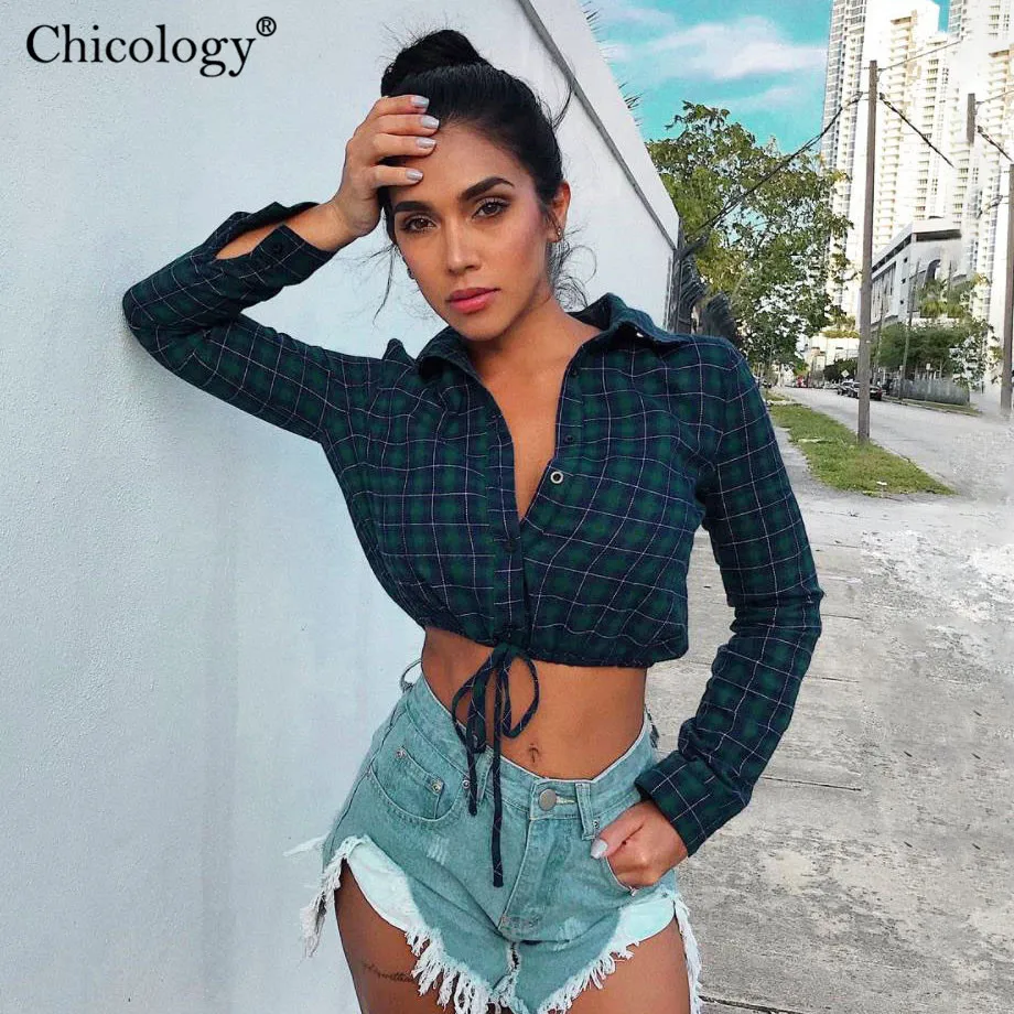 

Chicology lace up plaid women kpop clothes 2019 summer female sexy crop top button long sleeve shirt casual outfit lady blouse