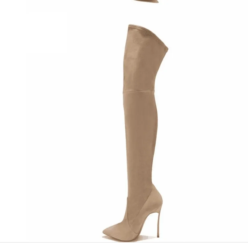 Tanie 35 43 PU suede 2 opcja plus rozmiar punkt toe wiosna nad buty do kolan kobiet buty 2017 długie buty do kolan z metalowe obcasy