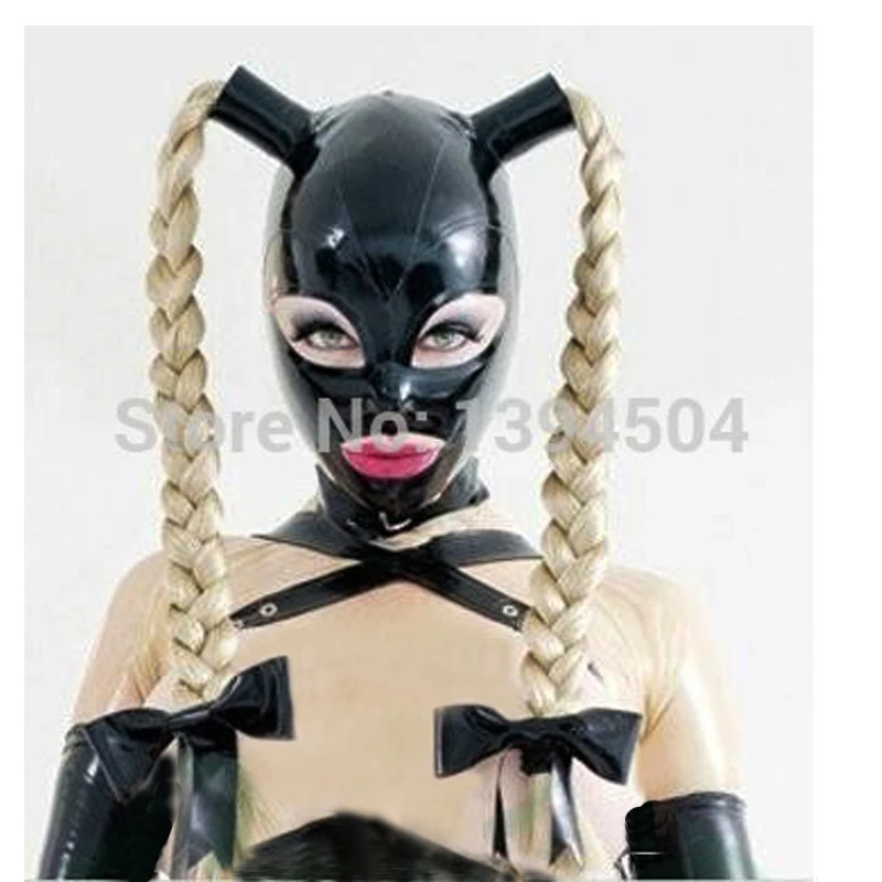 

Sexy Exotic Handmade Women Female Black Latex with Twisted Braid Open Eyes Mouth Nose Drama Hoods Mask Cekc Back Zpper