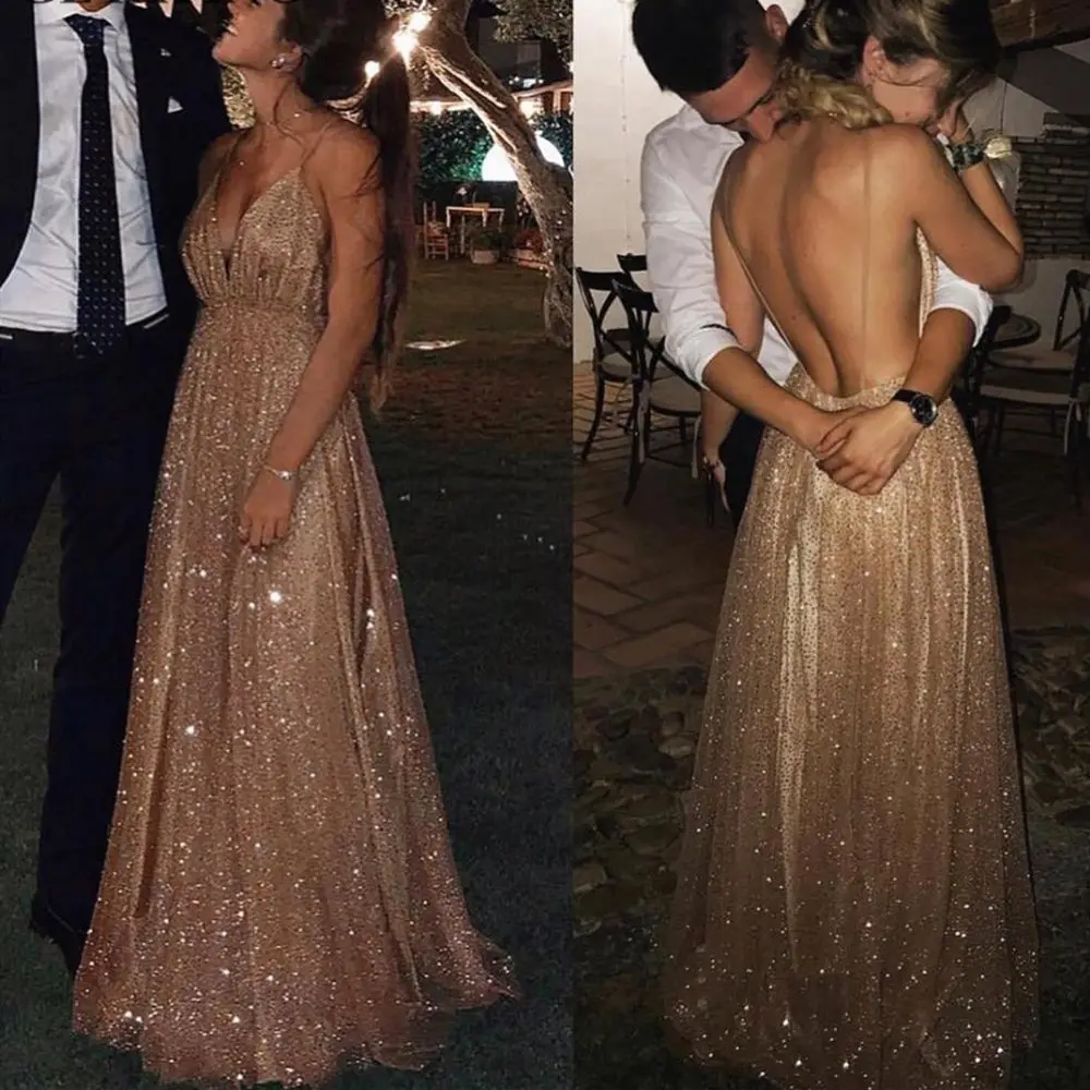 BeryLove Золотое шампанское длинное блестящее вечернее платье Формальное вечернее платье сексуальное с v-образным вырезом длинное платье на бретельках с открытой спиной - Цвет: Шампанское