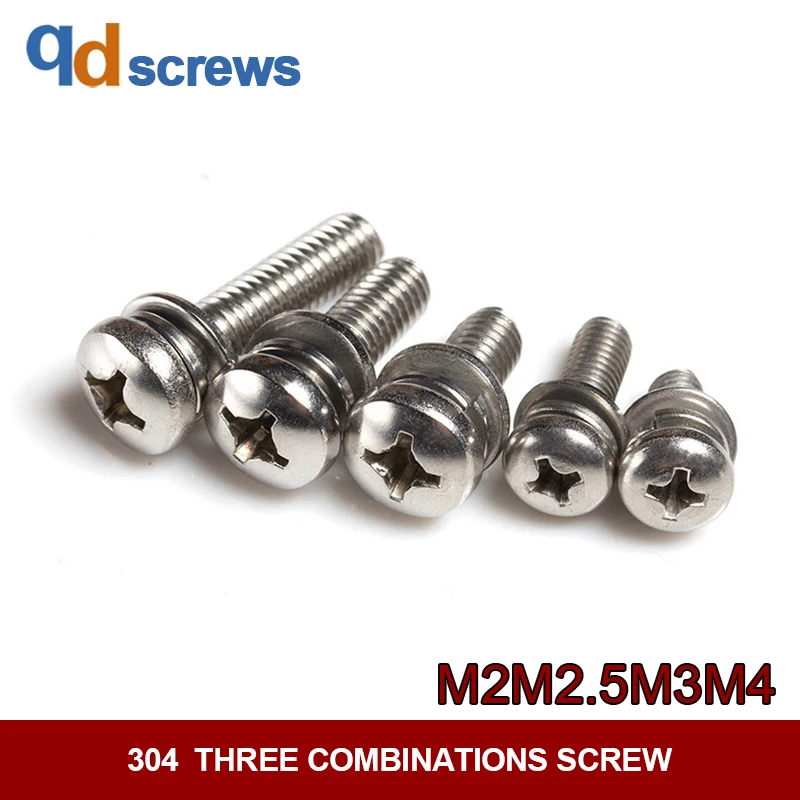 

304 M2M2.5M3M4 Cross Recessed Pan Head Screws,Single Coil Spring Lock Washer And Plain Washers Assemblies screw GB9074