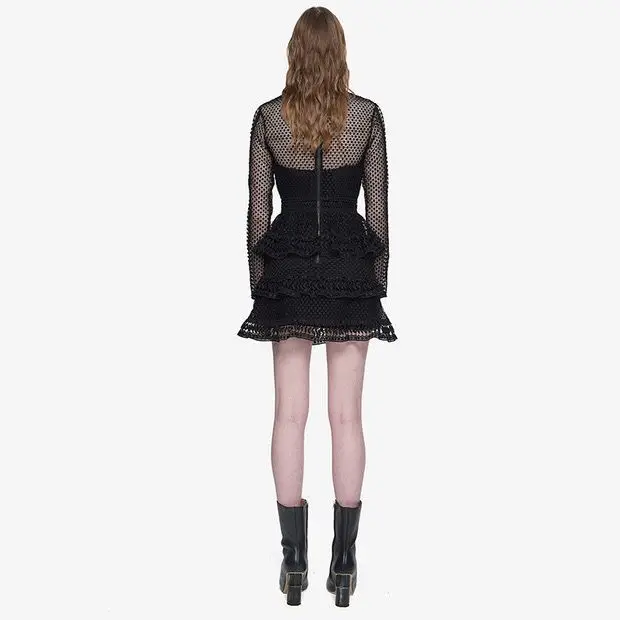 Подиум Desigher платье Автопортрет весенние каскадные Слои Vestidos тонкая Сексуальная кружевная полая длинный рукав торт платья