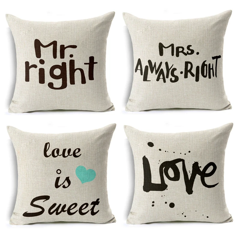

Mr Right & Mrs Always Right Lovers of Cushion Cover Cotton Linen Throw Pillow Cover Sofa Car Cushion Cover Fashion Home Decor