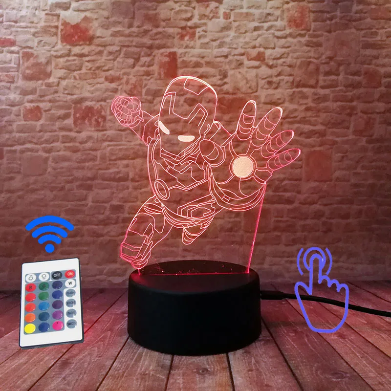 Плавающие Мстители фигурка железного человека 3D иллюзия светодиодный настольный Ночной светильник 7 цветов меняющийся светильник Marvel Железный человек Маска Figma светильник игрушка - Цвет: Remoter and Touch 4