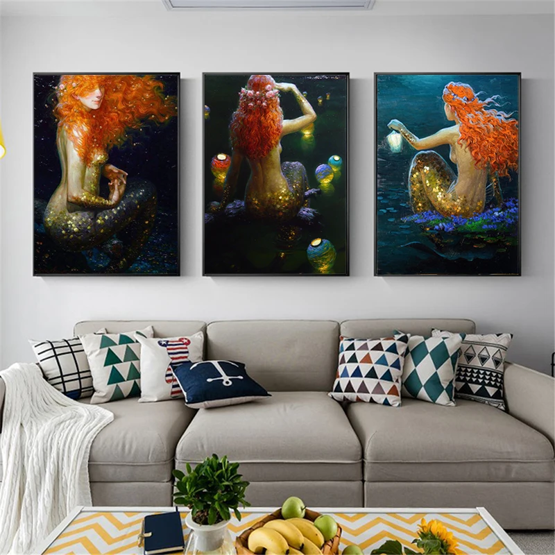 

Fantasy Vintage Mermaid Wall Art Canvas Poster And Print Canvas Painting Oil Decorative Picture For Bedroom Home Decor Artwork