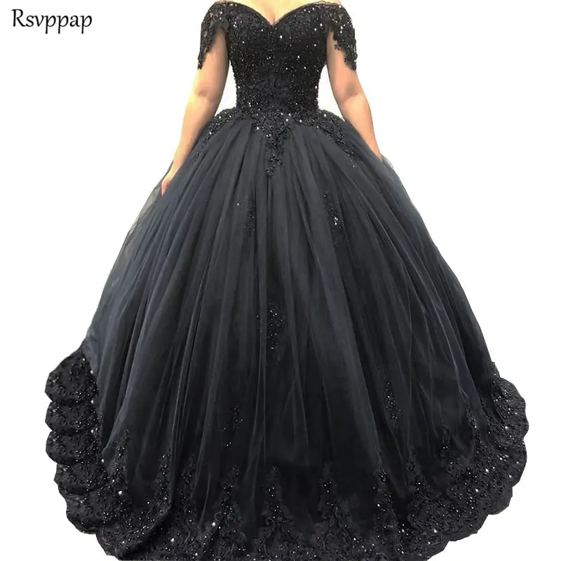 

Long Puffy Women Evening Dress 2019 Cap Sleeve Ball Gown abendkleider Luxury Heavy Beaded Arabic Black Formal Evening Gowns
