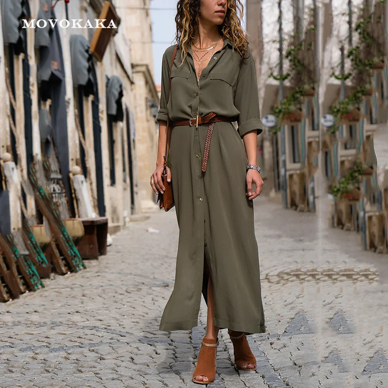 Economici Pulsante di nuovo Modo Caldo Vestito Lungo Elegante Vestiti Dalle Donne casual Lavoro del Vestito Più Il Formato Pocket Slim Abiti Neri Delle Donne Lungo maniche