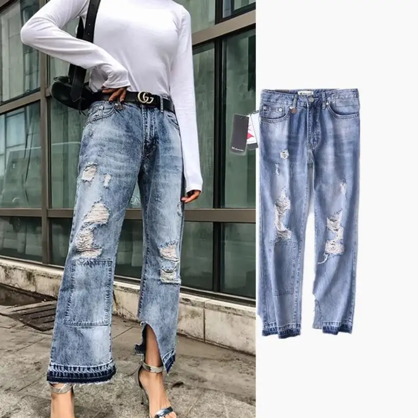 2018 Весенняя новинка Женская высокая талия девять очков джинсы Асимметричный широкие брюки джинсы женские