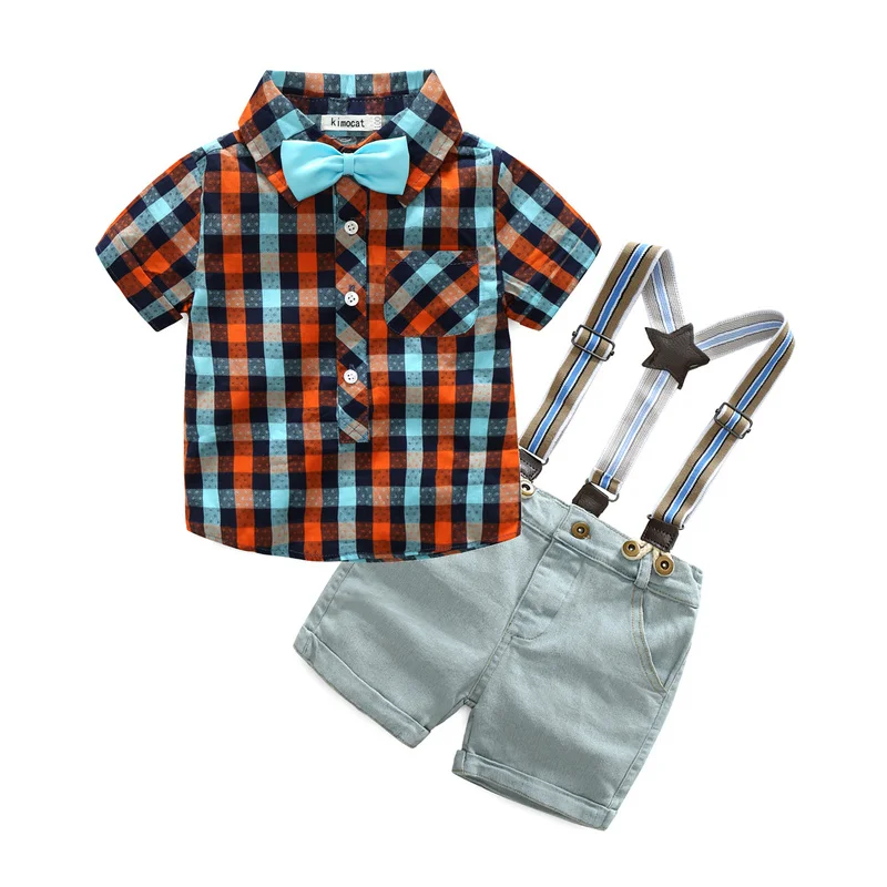 

2Pcs New Summer Boy Clothes Sets Kids Clothing Gentleman Suit Plaid Short Sleeve Shirt+Suspender Shorts Children Outfit 3 Colors