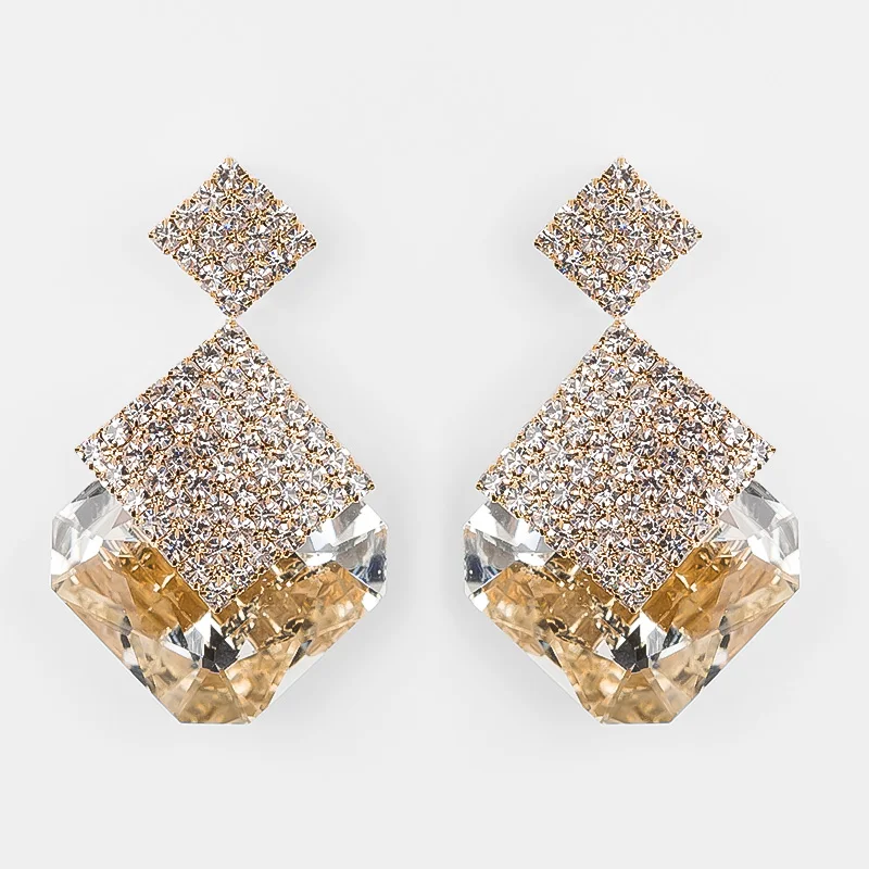 

2018 TOP Fashion Accessories Black and White Square Crystal Luxury Sparkling Gold Drop Earrings For Women Valentine's Day E009