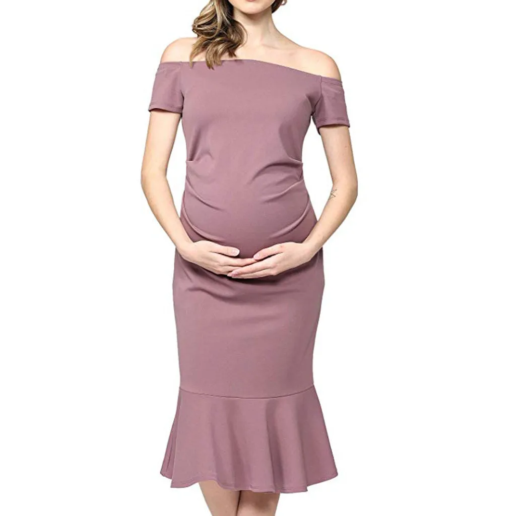 Женское платье для беременных с открытыми плечами с коротким рукавом и оборками летнее однотонное платье для беременных летние платья женские Vestido Gestante