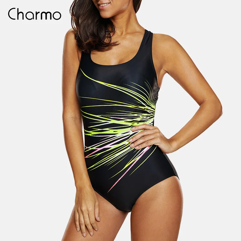 Charmo, женский слитный купальник с геометрическим принтом, женский купальник с цветными блоками, купальный костюм, монокини, полосатый спортивный купальник - Цвет: 3300GRE