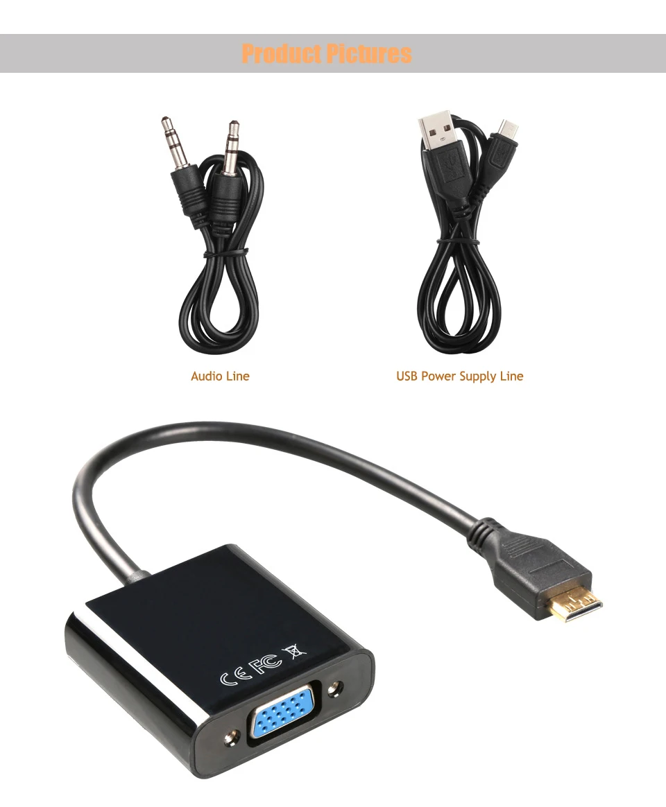 with Audio power supply mini HDMI to VGA video adapter converter cable line (6)