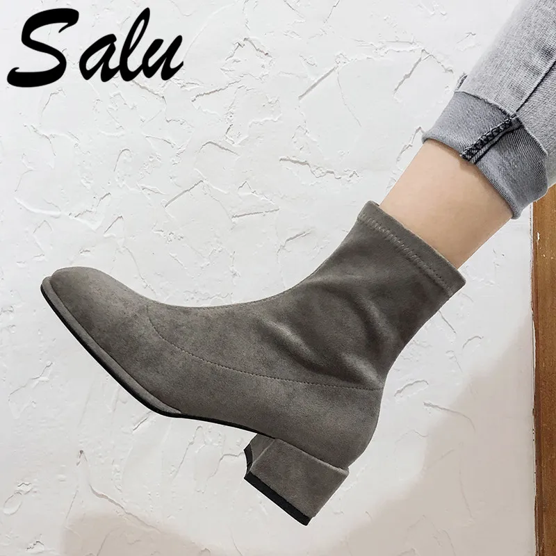 

Salu Autumn Winter New Comfortable Kid Suede Women Ankle Boots Brand Round Toe High Heels Party Basic Chelsea Boots