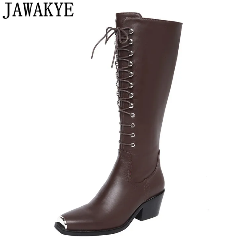 

JAWAKYE designer knight long boots lace up high heels Motorcycle Boots cross tied metal decor square toe 2018 bota feminina