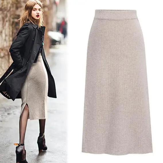

Winter Spring High Waist Knitting Skirt Vintage Woolen Skirt High Waist Saia Wool Pencil Skirts Womens Warm Skirt DJ43