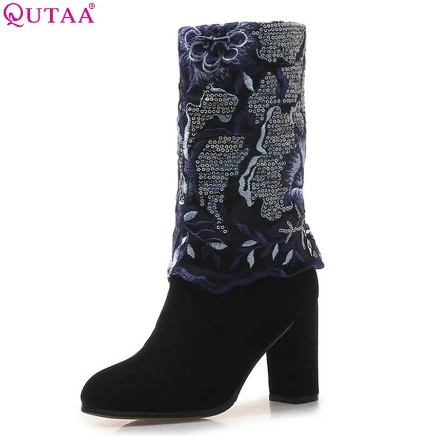 

QUTAA 2019 Square High Heel Women Mid Calf Boots Zipper Winter Shoes All Match Zipper Women Shoes Women Boots Size 34-43