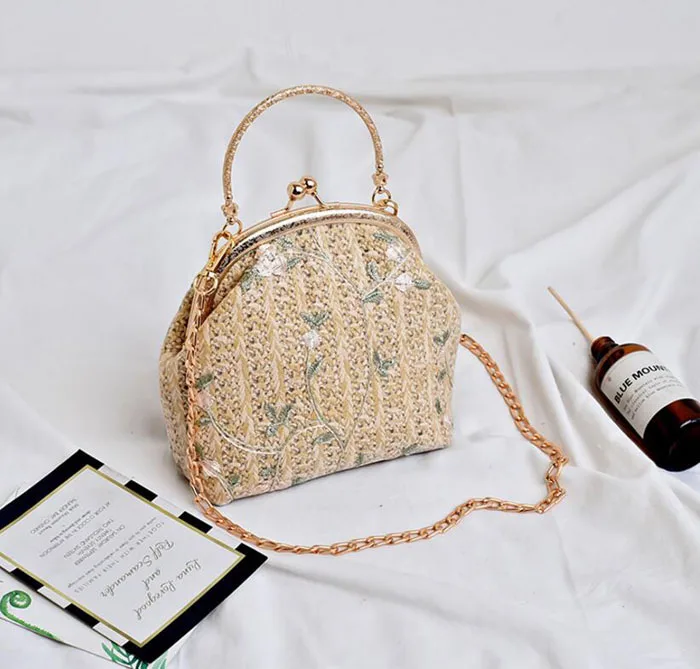 Мини оболочки, цепи клип сумка из натуральной соломы леди лето чешские пляжная сумка дамы вечером сцепления