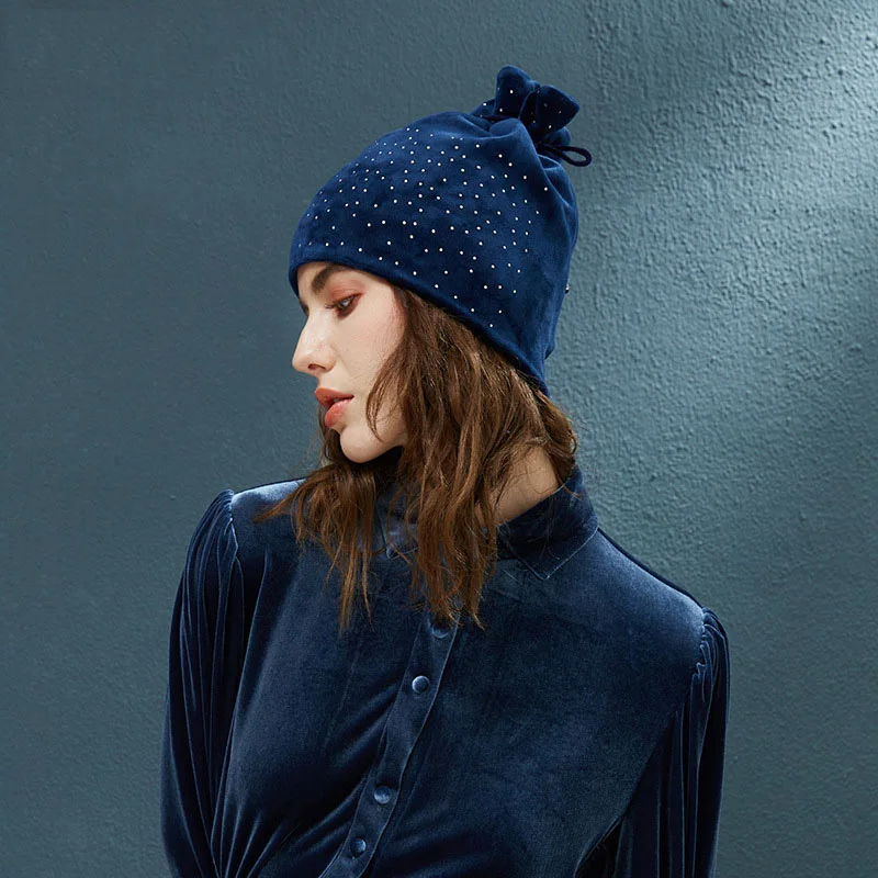 Women Bun Messy Ponytail Beanie Autumn Winter Lady Stretch Rhinestone Hats Warmer Female Brand New Turban Cap Head Warm CP0224 (9)