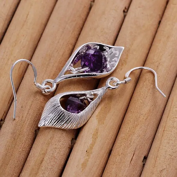 Посеребренные серьги, 925 модные серебряные ювелирные изделия с фиолетовым камнем висячие серьги для женщин SE207