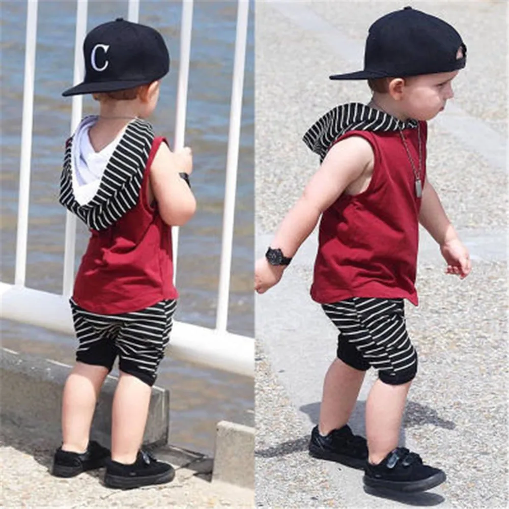 

Children's Sets Clothing 2 pc/set Kids Boy Summer Cotton Hooded Vest Top+Short Pants Outfits Set Clothes Sleeveless 0-4Y Baby