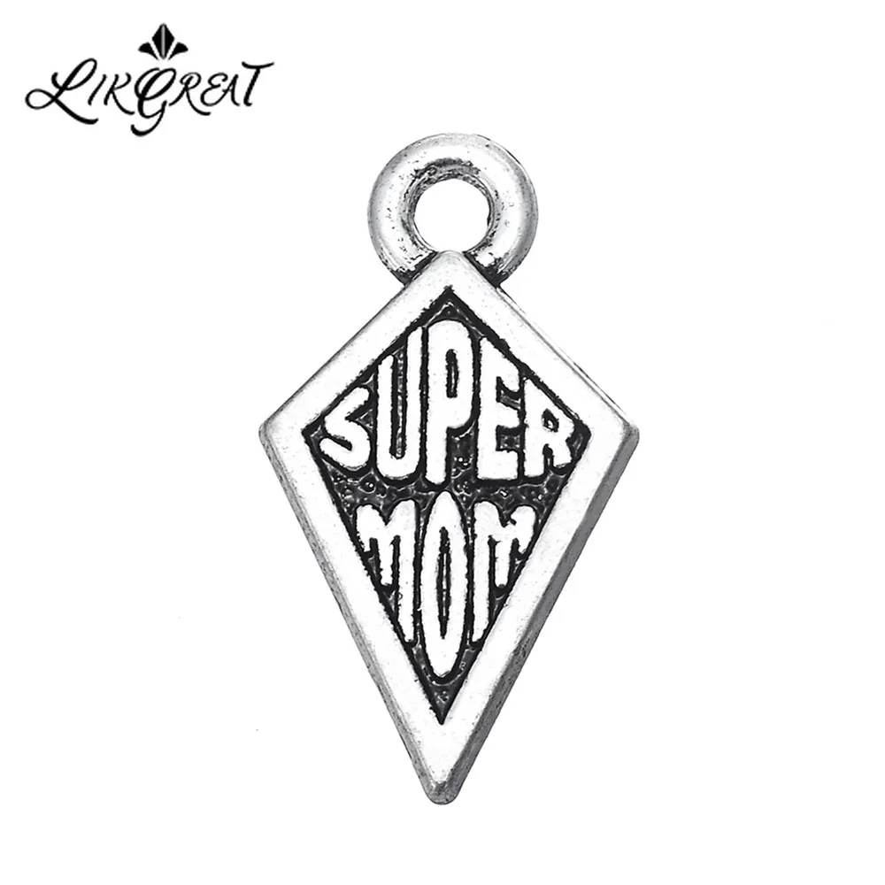 LIKGREAT Rhombus Letter Engraved Charm Super Mom Pendant for Necklace