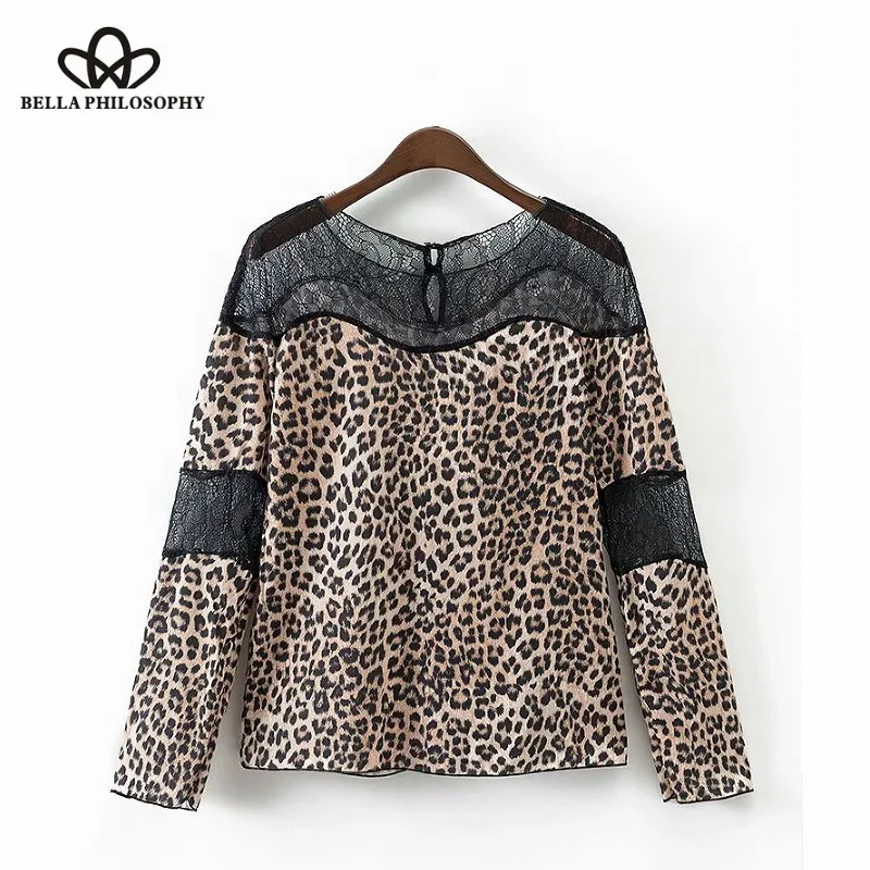 Wonder 2018 new autumn sexy lace patchwork leopard print casual blouses shirt women autumn chic blusas o neck femininas tops