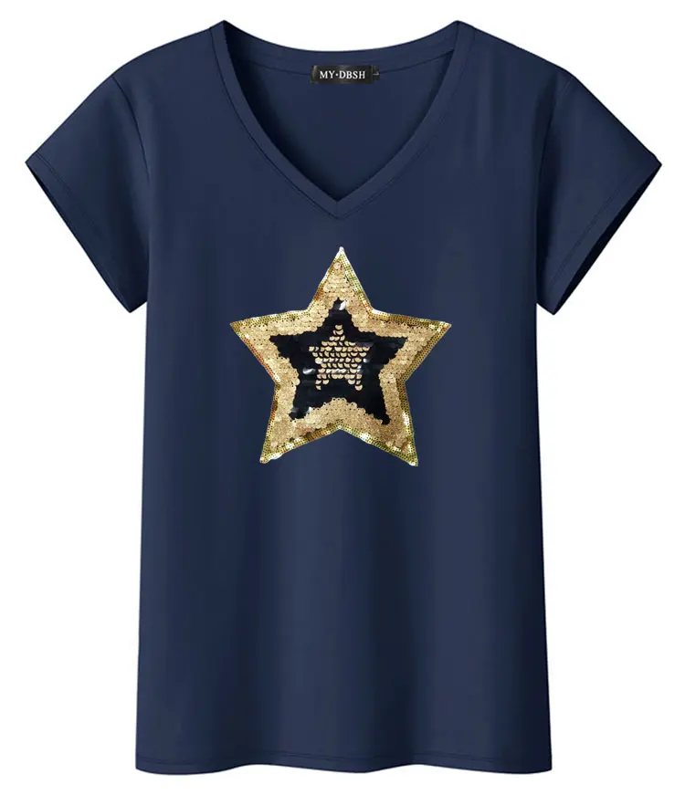 Новинка, модные женские футболки с блестками, с коротким рукавом, хлопковые футболки со звездами, в горошек, с блестками, летние стразы, Camisetas Mujer