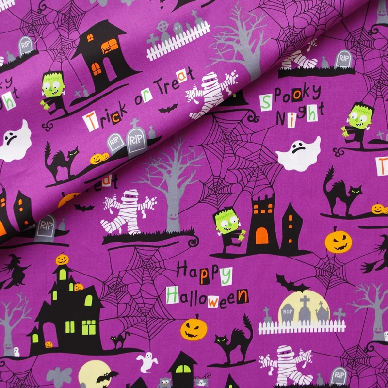 

140cmx100cm Cotton Woven Fabric - Happy Halloween - castle, ghost,tree,zombie