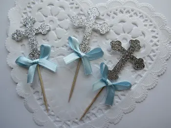 

glitter Silver and Blue Cross Baptism Communion Cupcake Toppers birthday bachelorette wedding baby bridal shower toothpicks