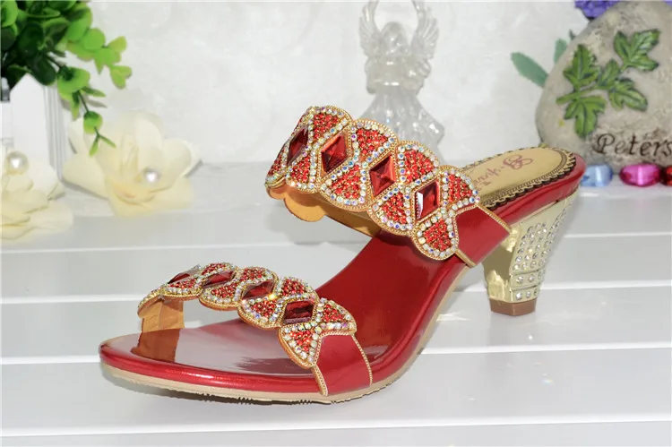 2017 Summer Womens Shoes High-heeled Slippers Sexy Sweet Diamonds Sandals Female Red 6cm-8