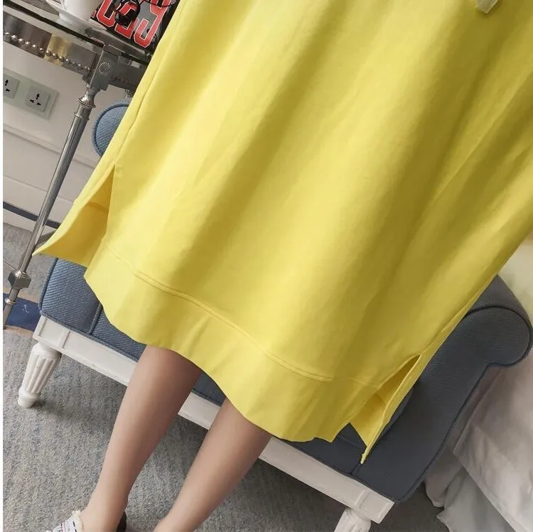 4921 летняя Длинная желтая свободная футболка с капюшоном большого размера с коротким рукавом женская хлопковая уличная футболка Харадзюку женская мода