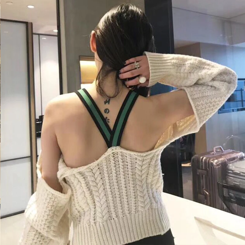 Women Off Shoulder Halter Sexy Pullovers Sweaters Femme Backless O Neck Loose Solid Club Knitwear 2019 Winter Knitted Sweater | Женская