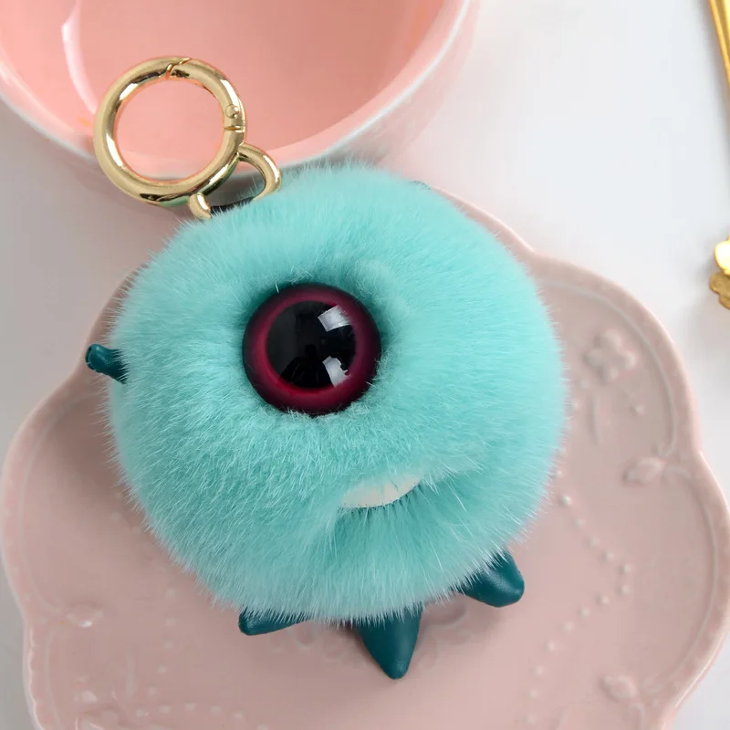 

2017 Animal Mink Fur Natural Eye Fur keychain fashion pompom women Bag Key chains Fur Leather Face Ball Key Chain Pendant