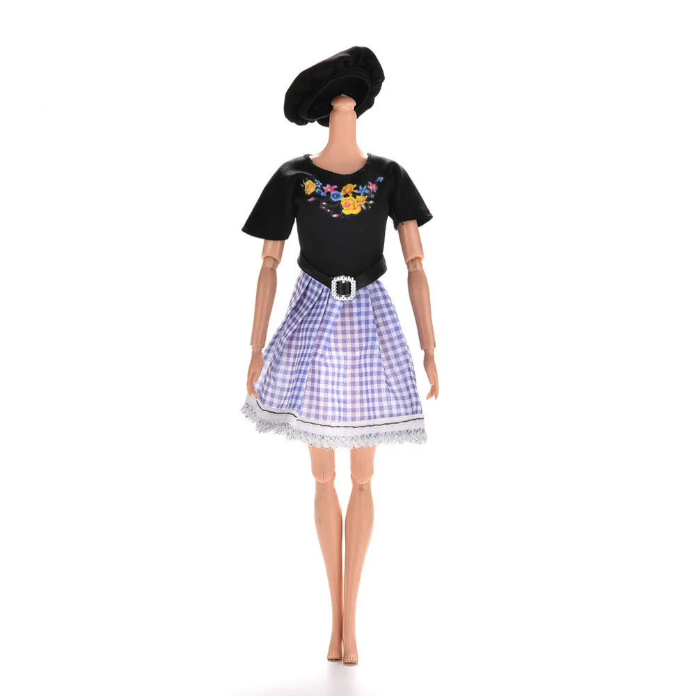 

Hot Sale Dolls Accessories Clothes Summer Short Sleeve Flower Plaid Print Dress Doll Clothing For Doll 1 Set=1 Dress+ 1 Cap