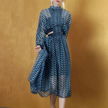 

VERDEJULIAY Sexy Runway Dress Summer Luxury Full Lantern Sleeve Printed Knitted Midriff Costume Blue Long Elegant Dress