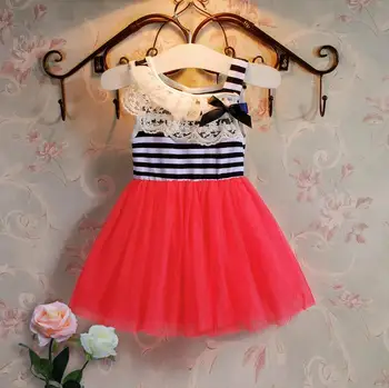 

Wholesale Summer New Girls Dress Lace Collar Stripe Gauze Princess Dress Children Clothing E1506
