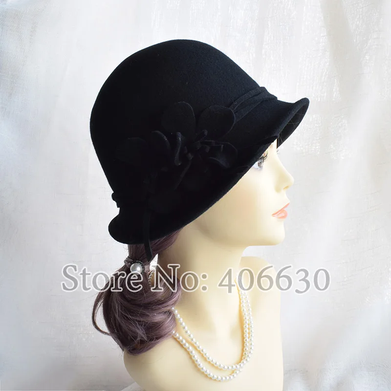 Новые цветочные шерстяные фетровые шляпы для женщин Chapeu платье Fedoras Cloche шляпы женские SDDW041 - Цвет: 043 black