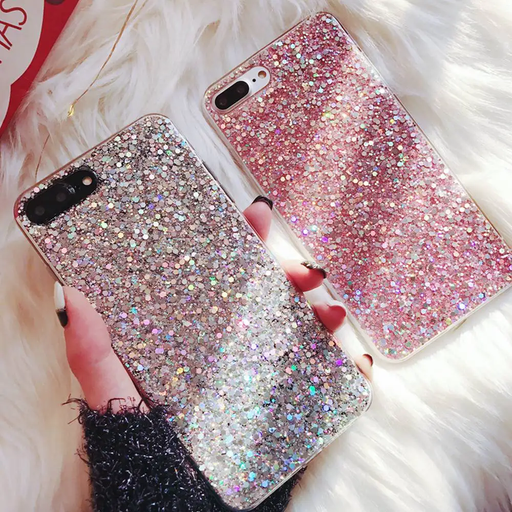 

For iPhone 7 Case For iPhone XS Max Case Silicone Bling Glitter Crystal Sequins Soft Cover For iPhone 6 6S 7 8 Plus X XR Coque
